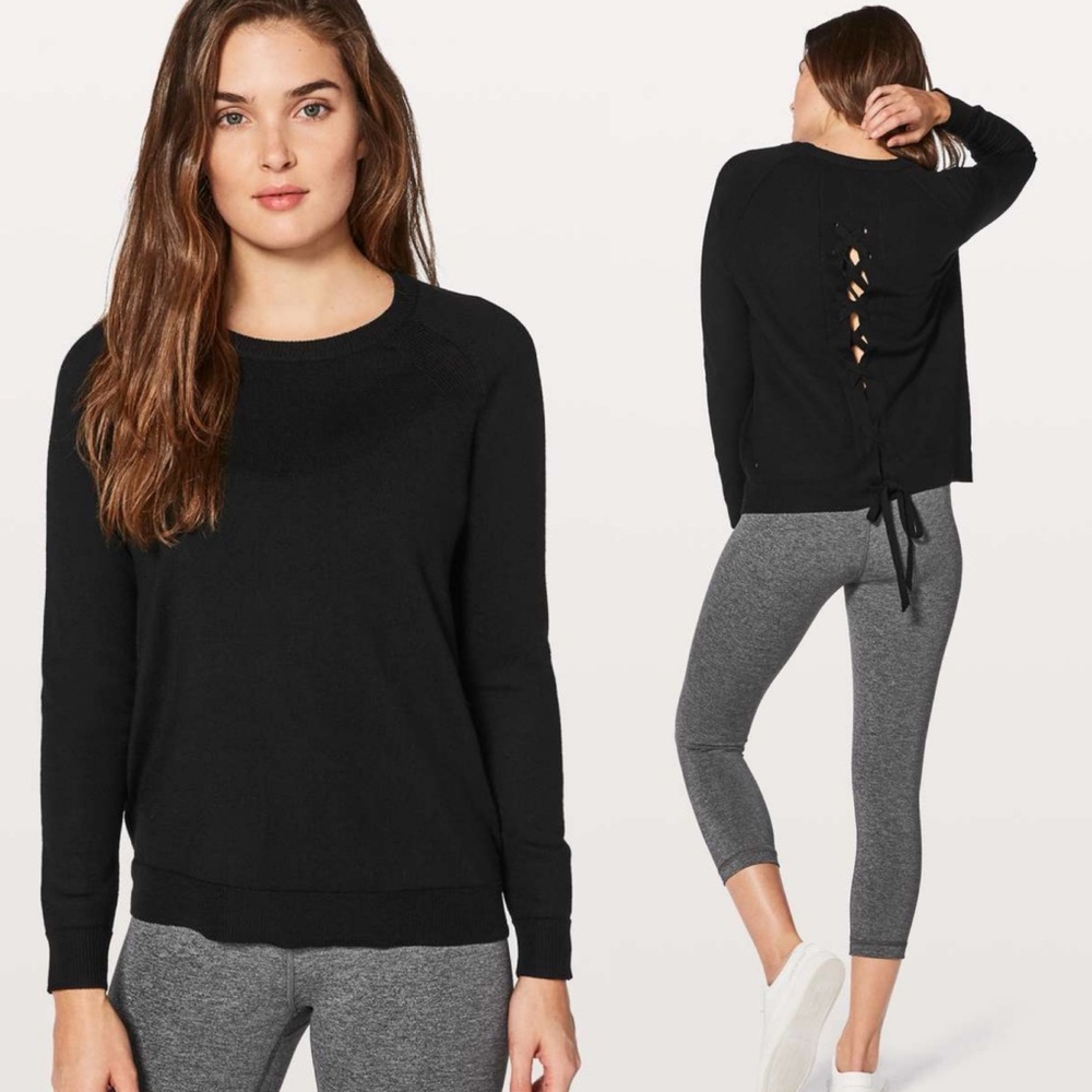Lululemon Tied To You Black Sweater Size 4 Knit 100% Merino Wool Minimalist Crew